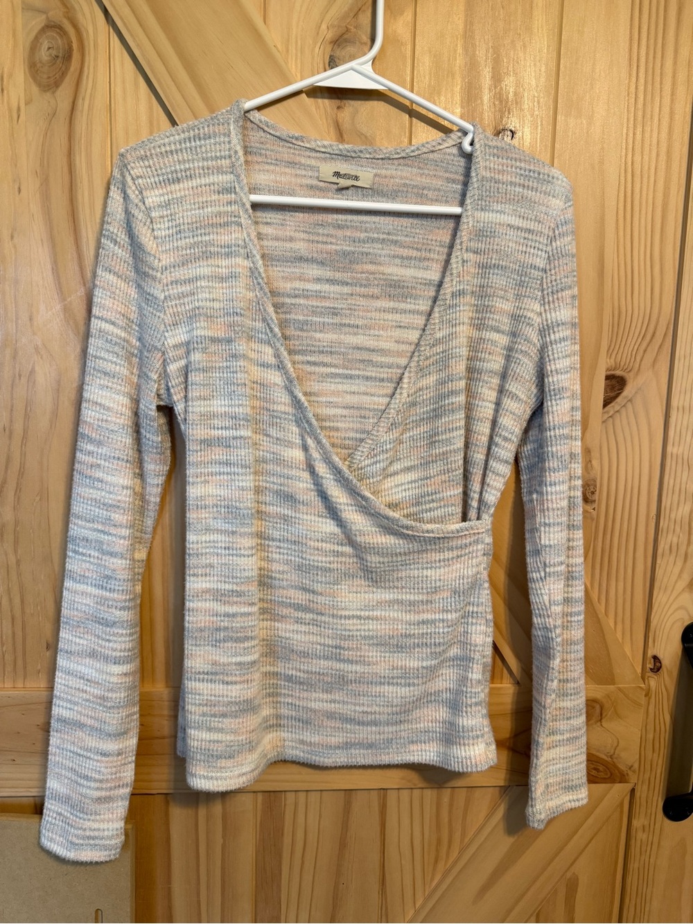 Madewell Marled Wrap-Front Long-Sleeve Top in Beige and Light Blue - Picture 2 of 8